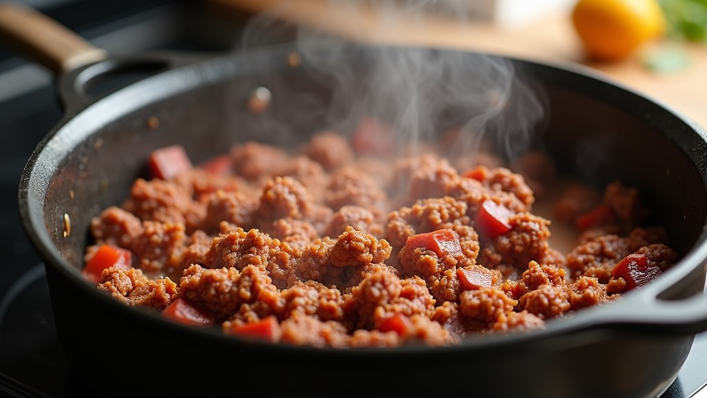 brown beef in pot