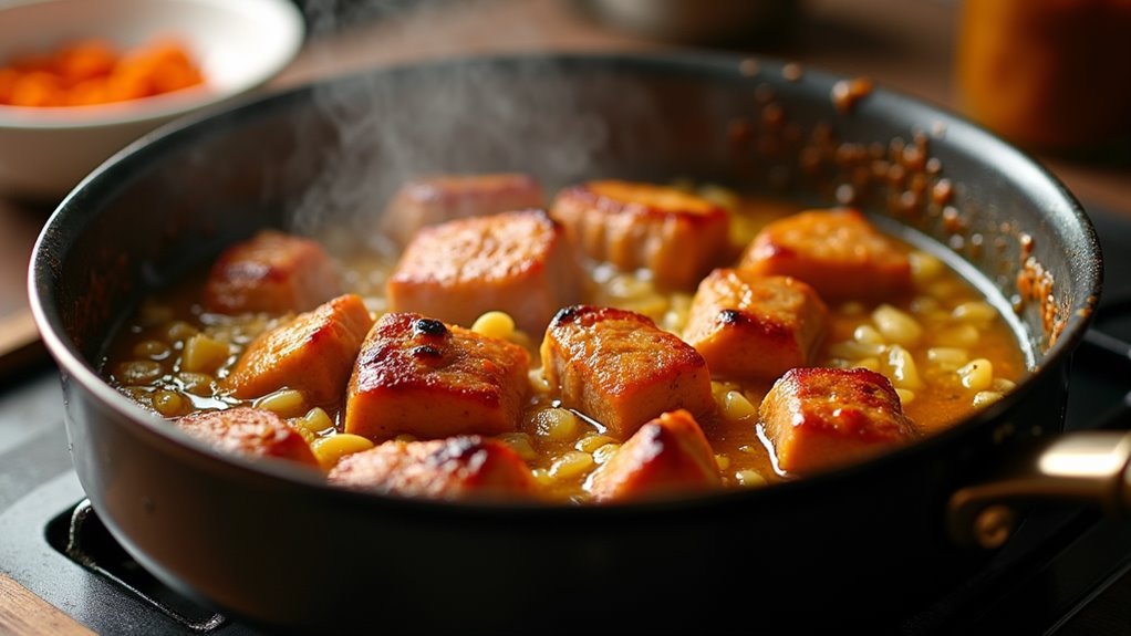 brown pork chunks evenly