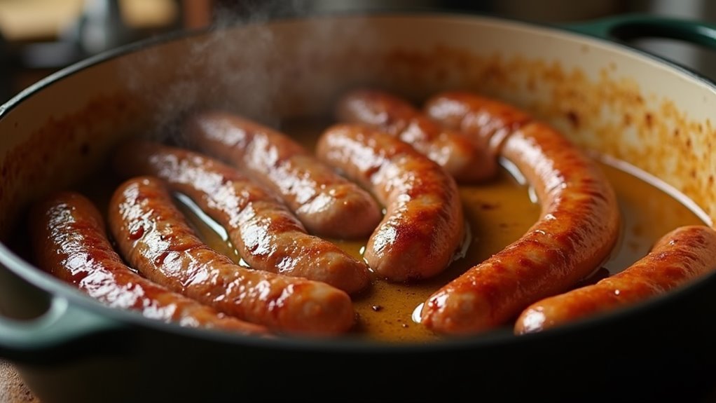 brown sausages in oil