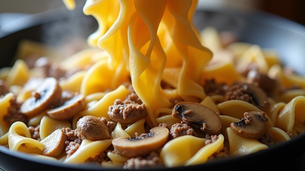 fold in drained noodles