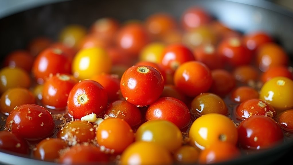 gently burst cherry tomatoes