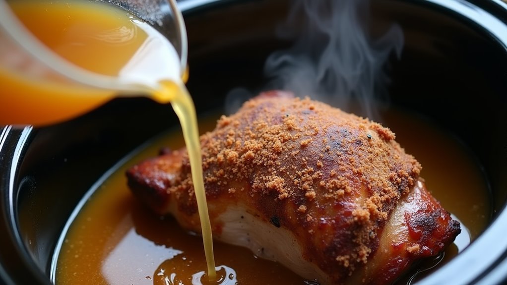 pour broth around pork
