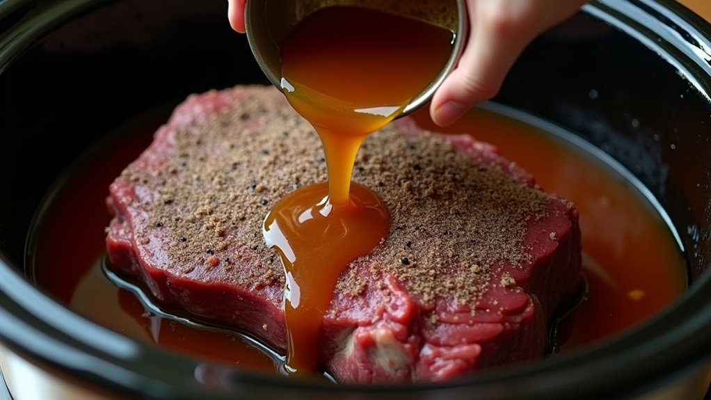pour broth over beef