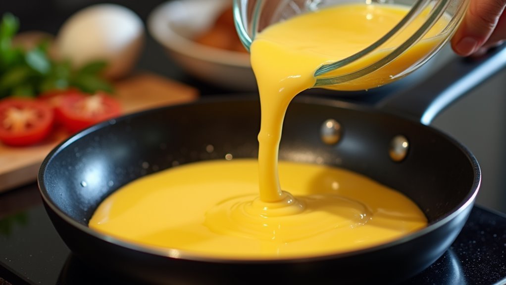 pour eggs into pan