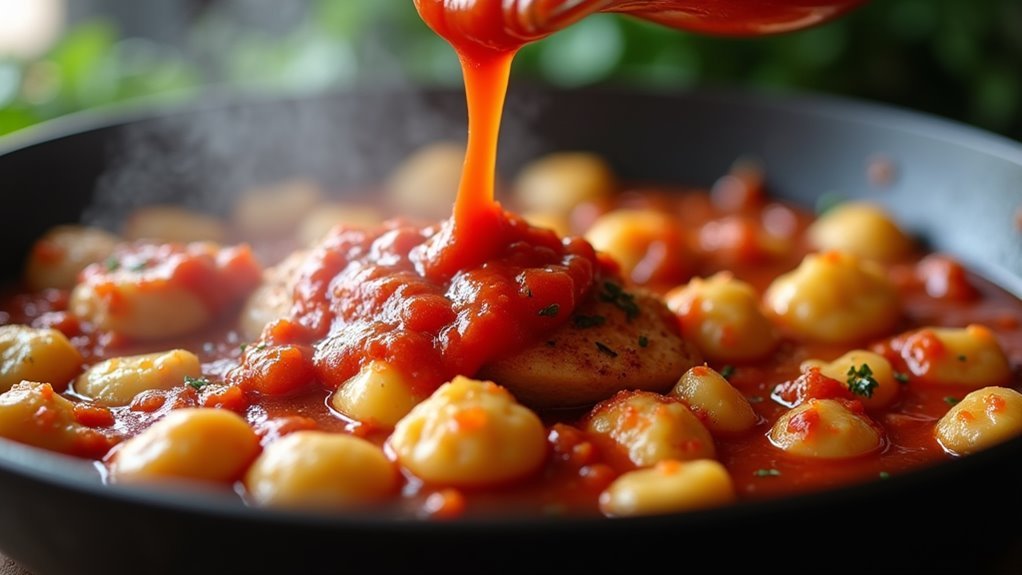pour marinara sauce evenly