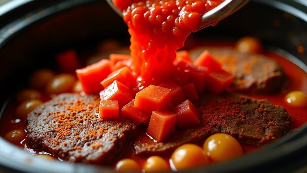pour tomatoes on beef