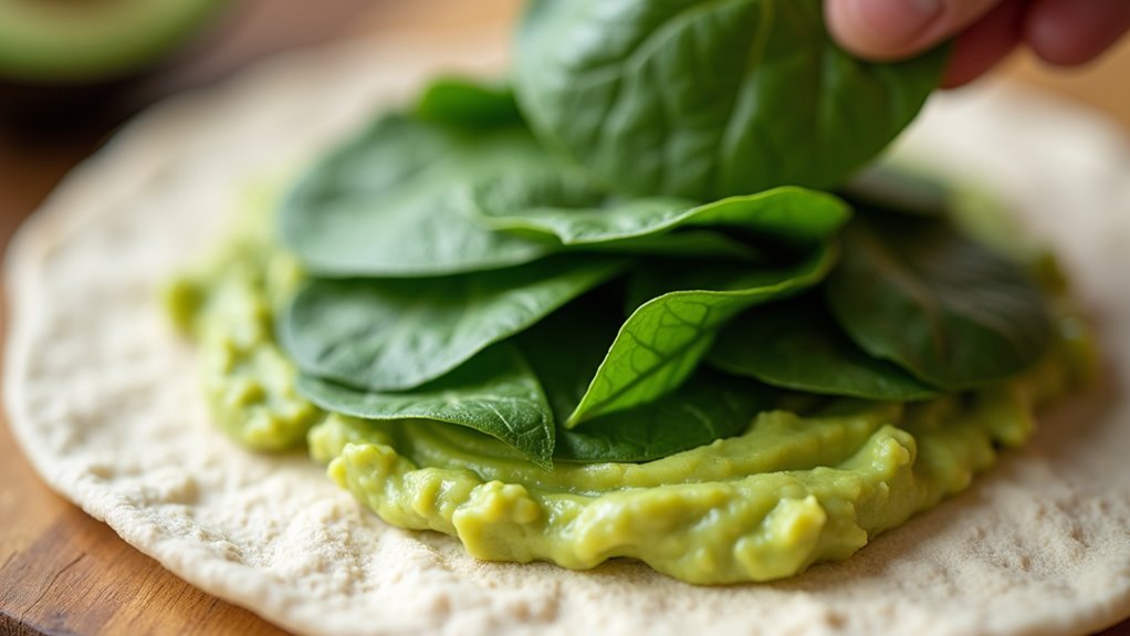 spinach placed atop avocado