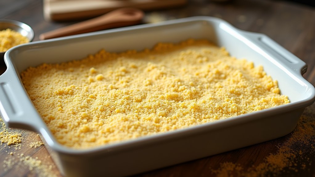 spread cornmeal in dish