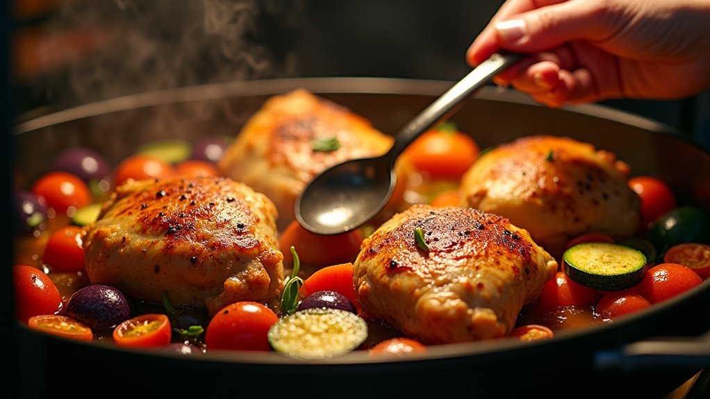stir vegetables baste chicken